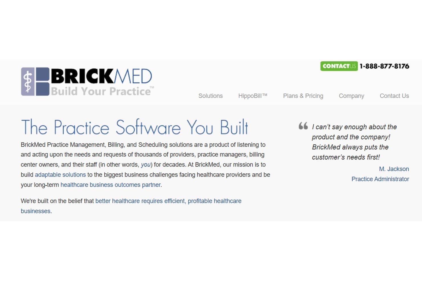 BrickMed webpage describing customizable practice management, billing, and scheduling software for healthcare providers