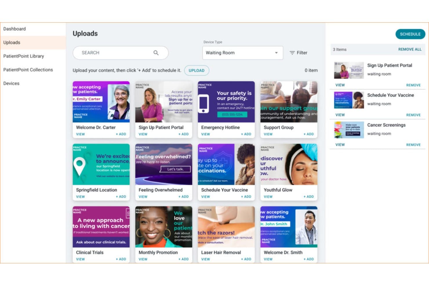Tableau de bord d’affichage numérique de PatientPoint présentant les téléversements de contenu médical, les écrans de salles d’attente et les messages d’éducation des patients programmés
