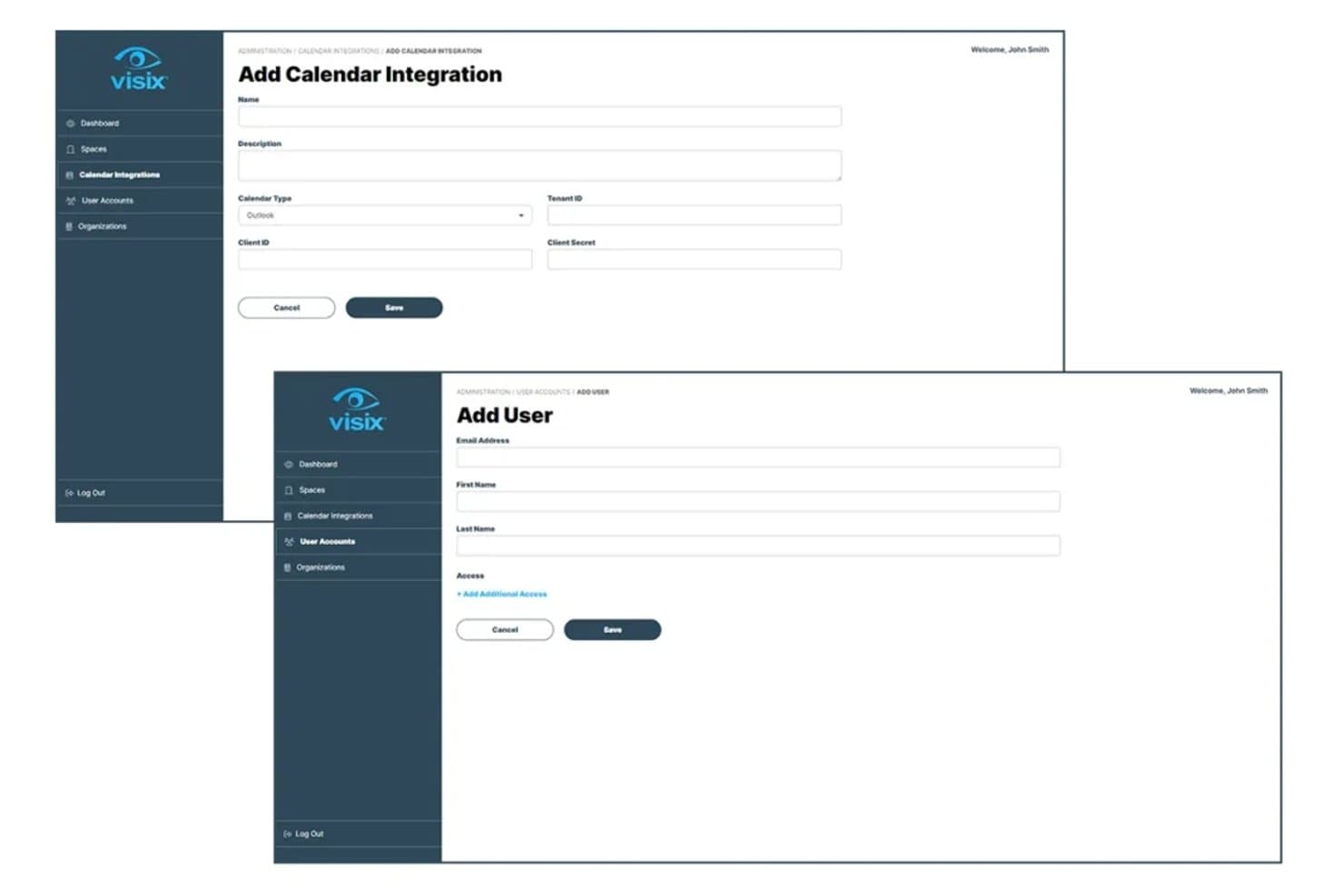 Tableau de bord de signalétique numérique Visix affichant des formulaires pour ajouter une intégration de calendrier et créer un compte utilisateur