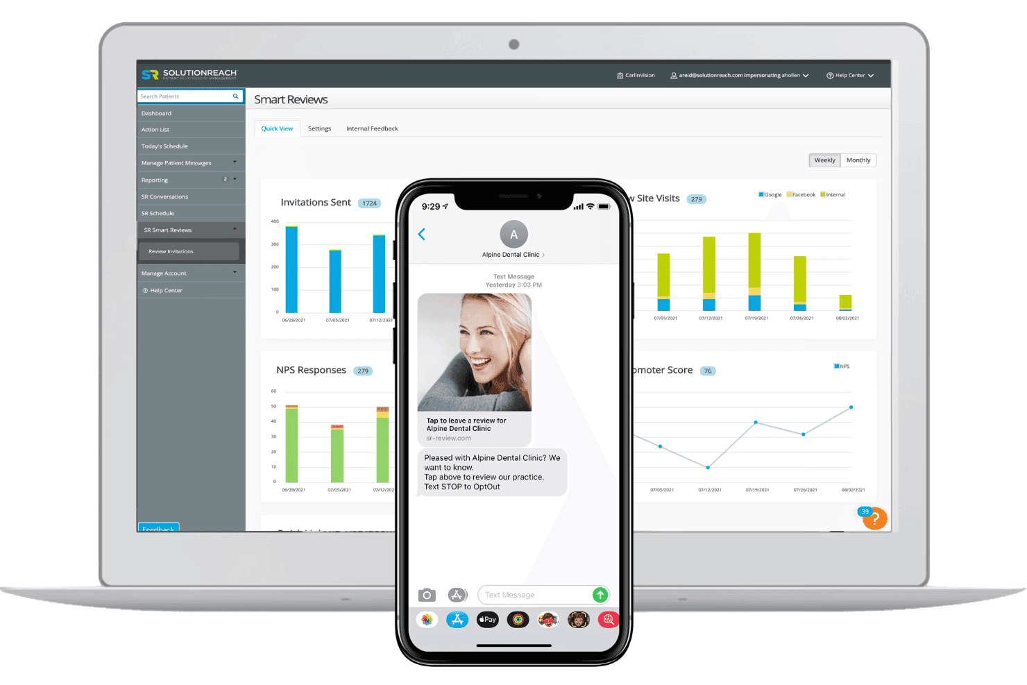 SolutionReach monitora le recensioni, il tono e le tendenze dei sondaggi sulla soddisfazione dei pazienti.