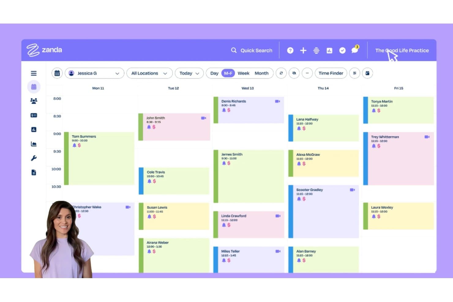 Zanda weekly calendar scheduling view showing appointments across Monday to Friday.