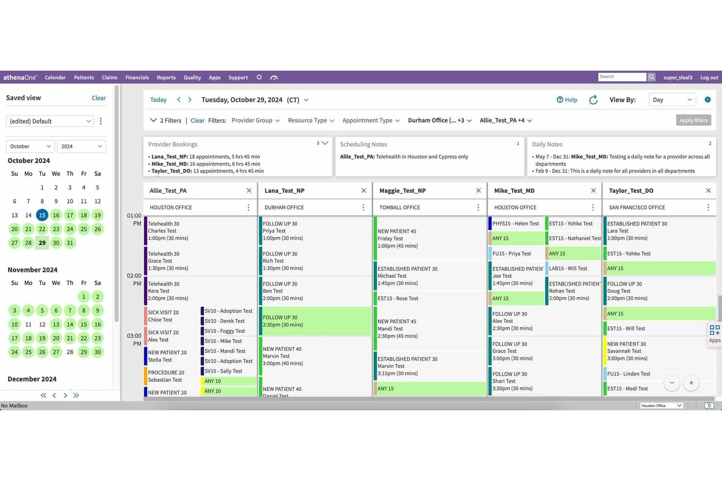 Vista del calendario di athenaOne che mostra gli orari di più professionisti per una giornata.