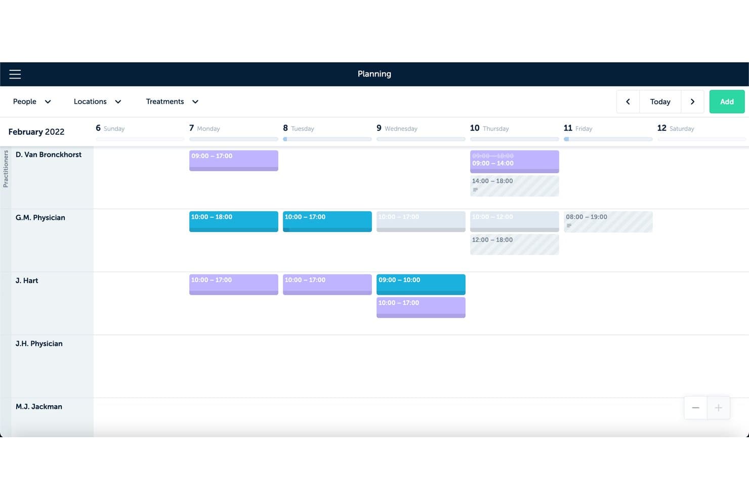 Weekplanningkalender van Clinicminds met de schema's van meerdere behandelaars in februari 2022.