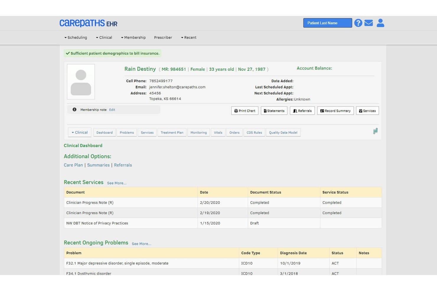 CarePaths EHR-patientdashboard med kliniske oplysninger, der viser demografiske data, nylige ydelser og diagnoser.