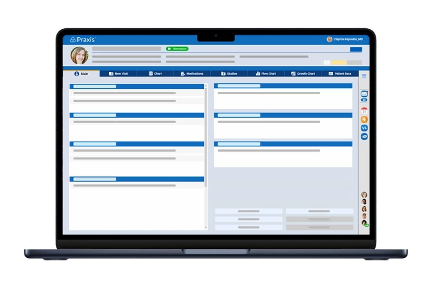 Praxis EMR patient main screen with tabbed navigation and blue-highlighted data sections.