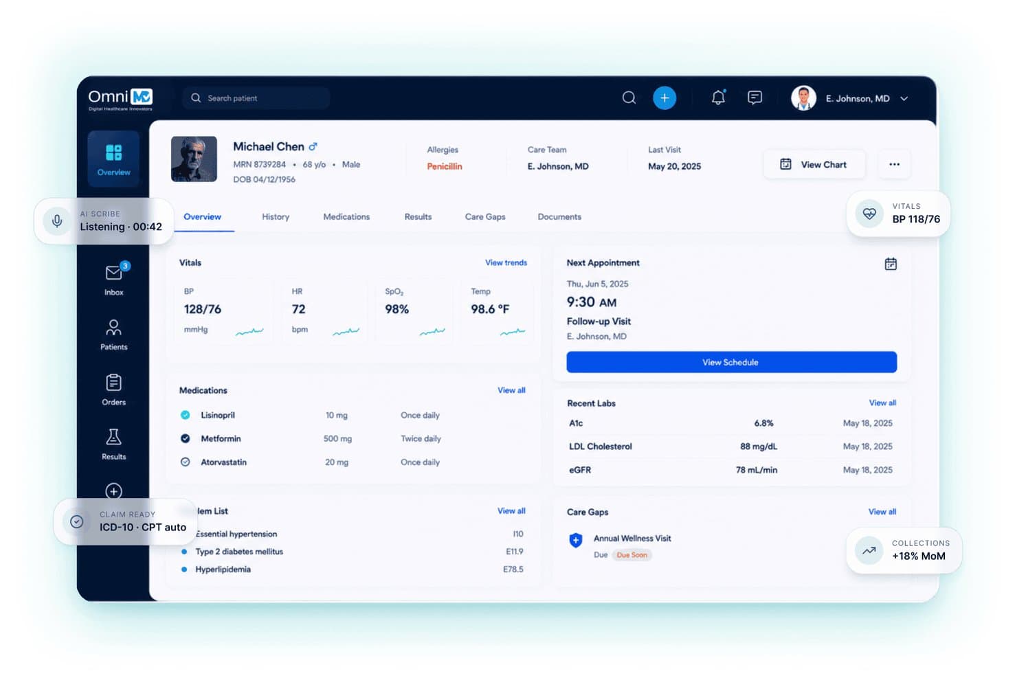 OmniMD EHR dashboard showing patient overview with vitals, medications, and recent labs.