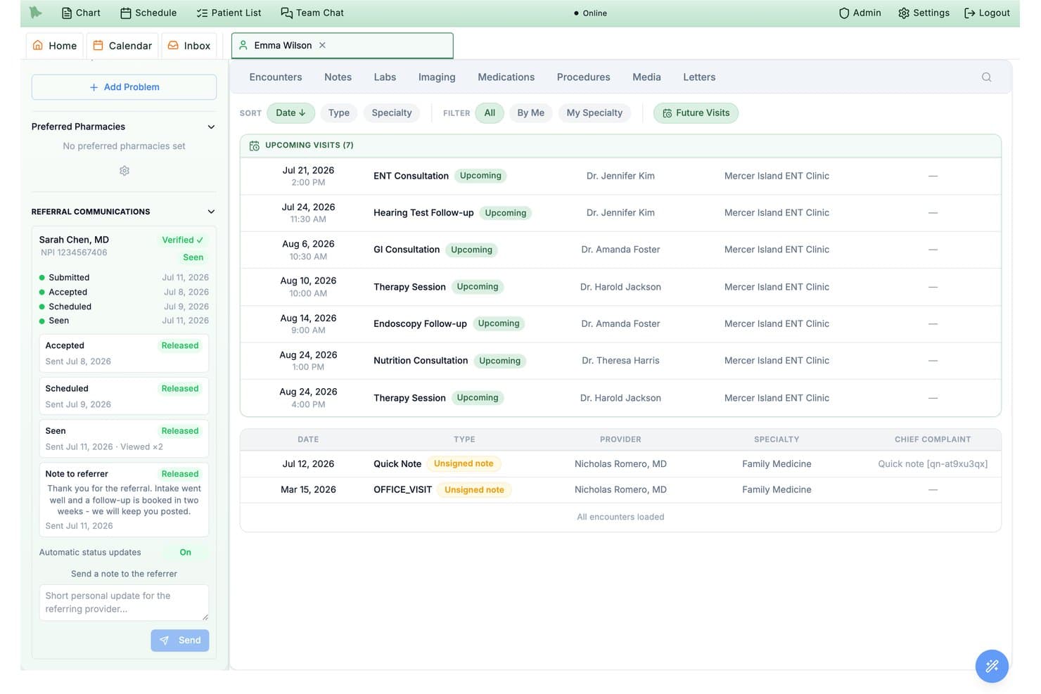 Hero EMR patient chart showing referral communications panel and upcoming specialist appointments list.