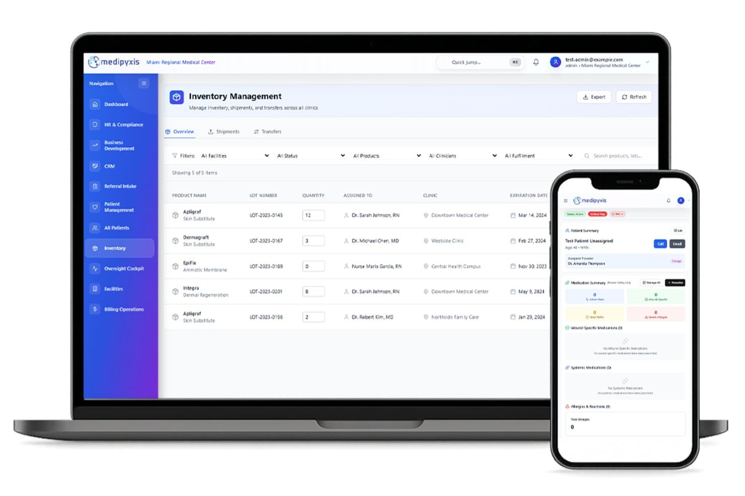Cruscotto di gestione dell'inventario di Medipyxis su notebook e dispositivo mobile, con prodotti per la cura delle ferite.