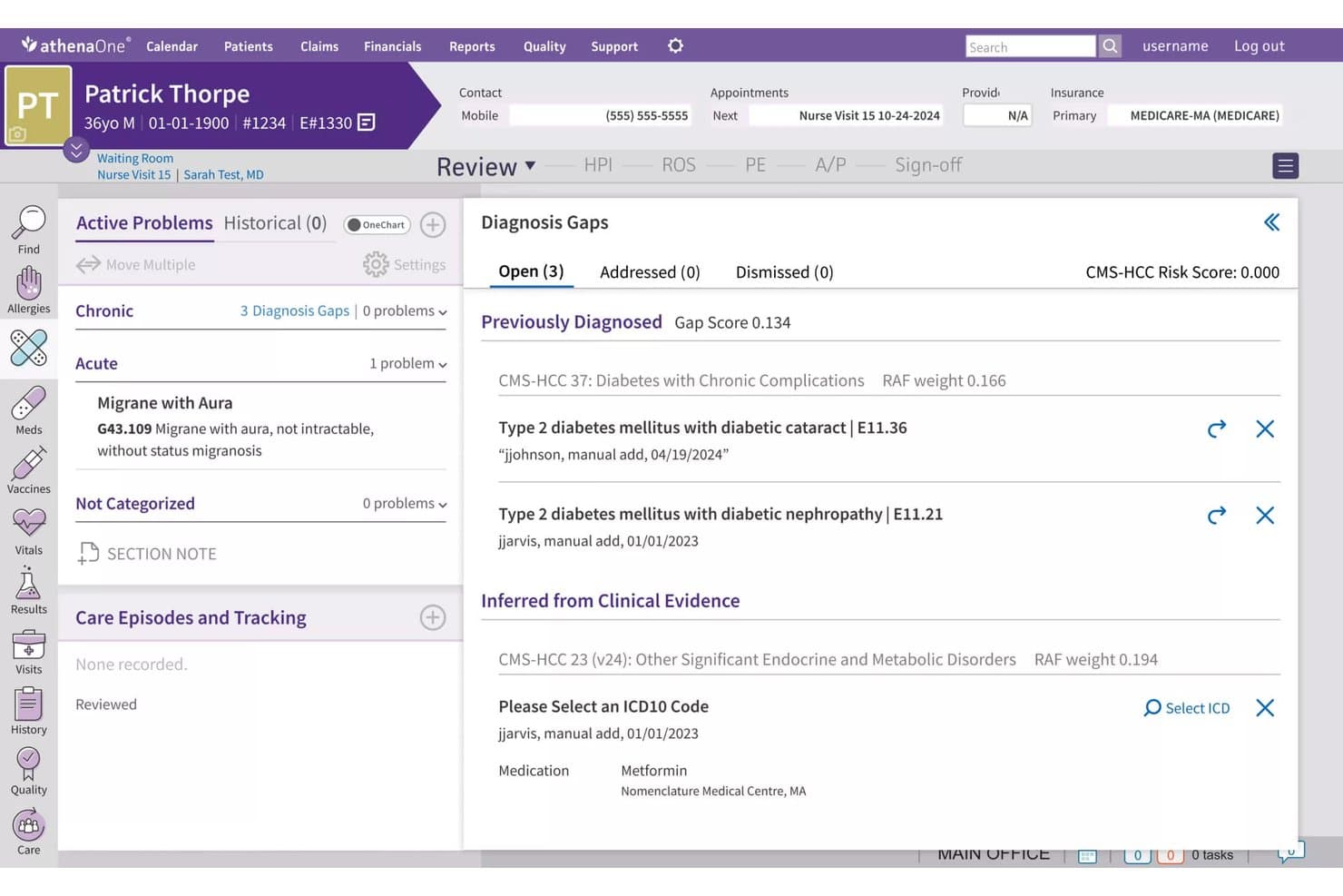 EHR athenaOne che mostra il pannello delle lacune diagnostiche con codici CMS-HCC e l'elenco dei problemi del paziente.