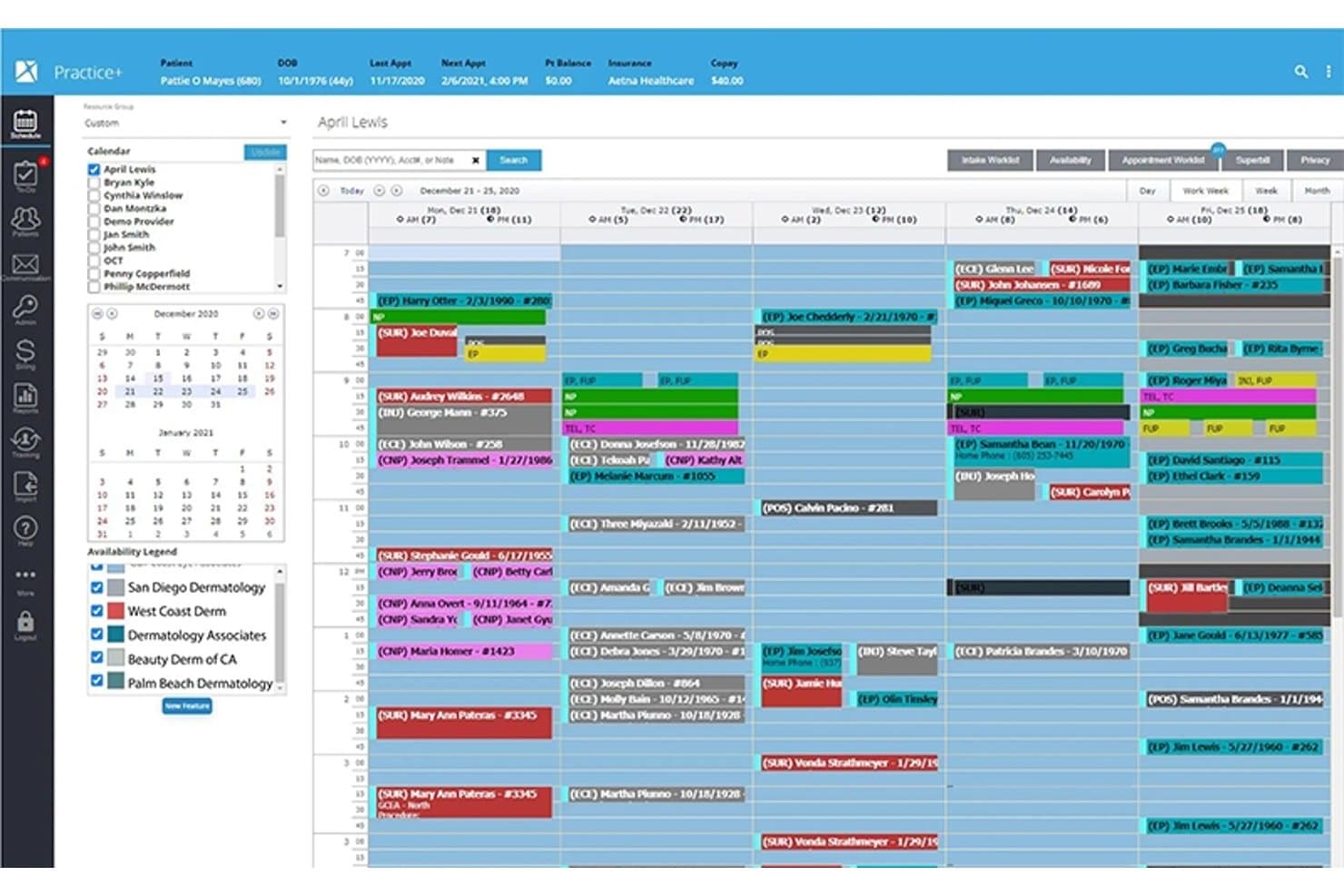 Calendario settimanale di Nextech Practice+ con appuntamenti dei pazienti codificati a colori per più professionisti.