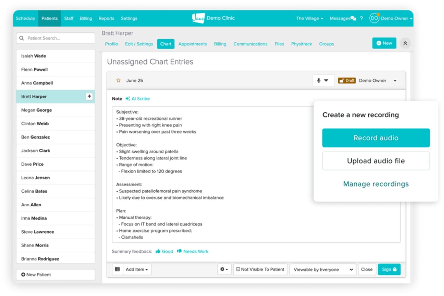 Schermata di inserimento di una cartella clinica nell'app Jane con AI Scribe e finestra popup per la registrazione audio.
