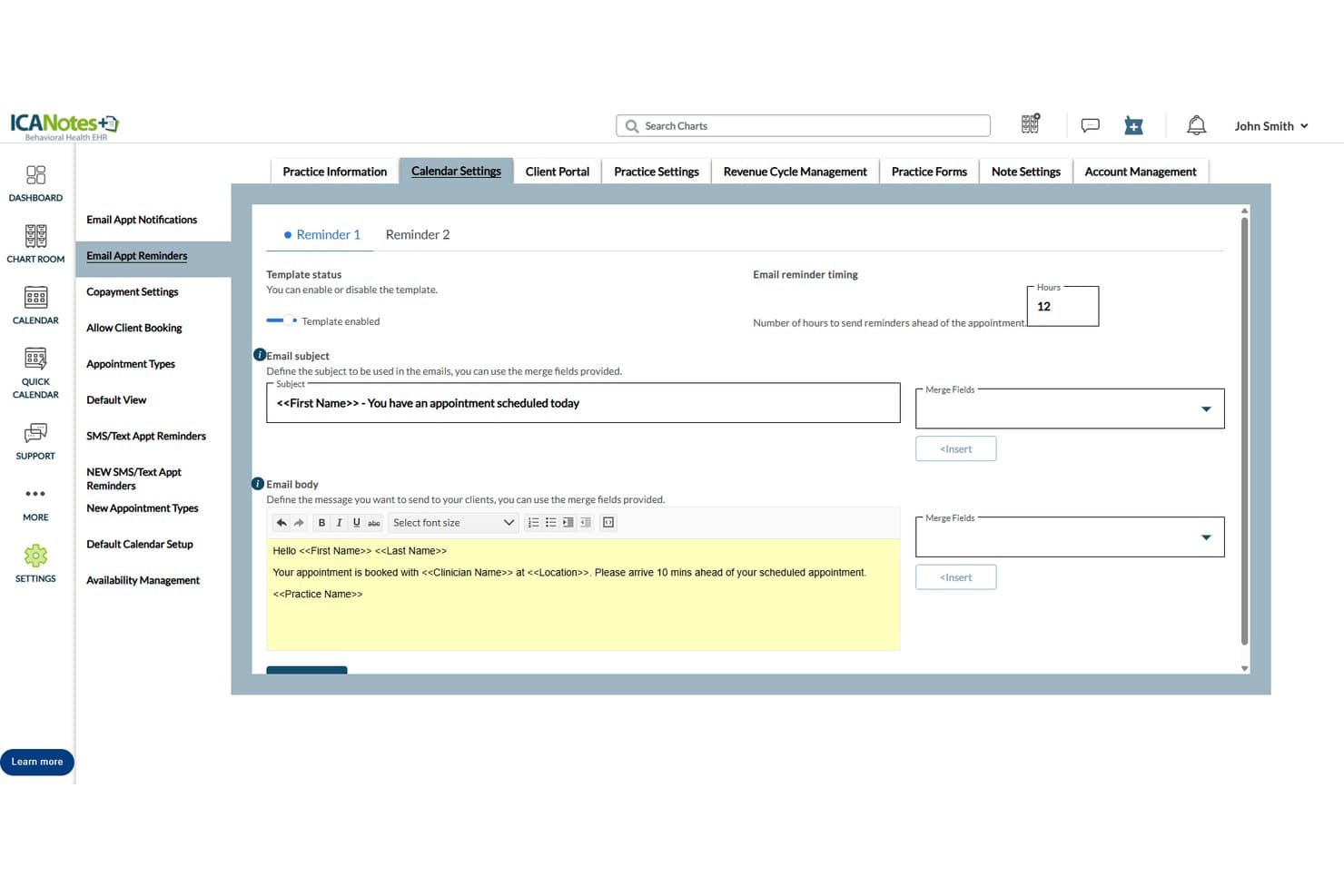 Impostazioni del calendario di ICANotes che mostrano il modello di promemoria degli appuntamenti via email con campi di unione.