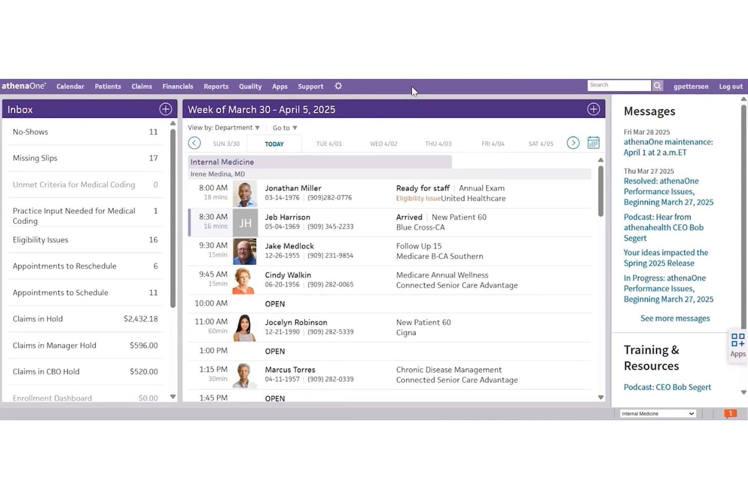 Dashboard EHR di athenaOne che mostra la posta in arrivo, il calendario settimanale e gli appuntamenti dei pazienti.