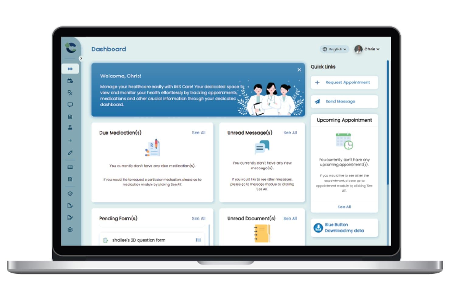 Dashboard del paziente di Meditab che mostra farmaci, messaggi, moduli e appuntamenti.