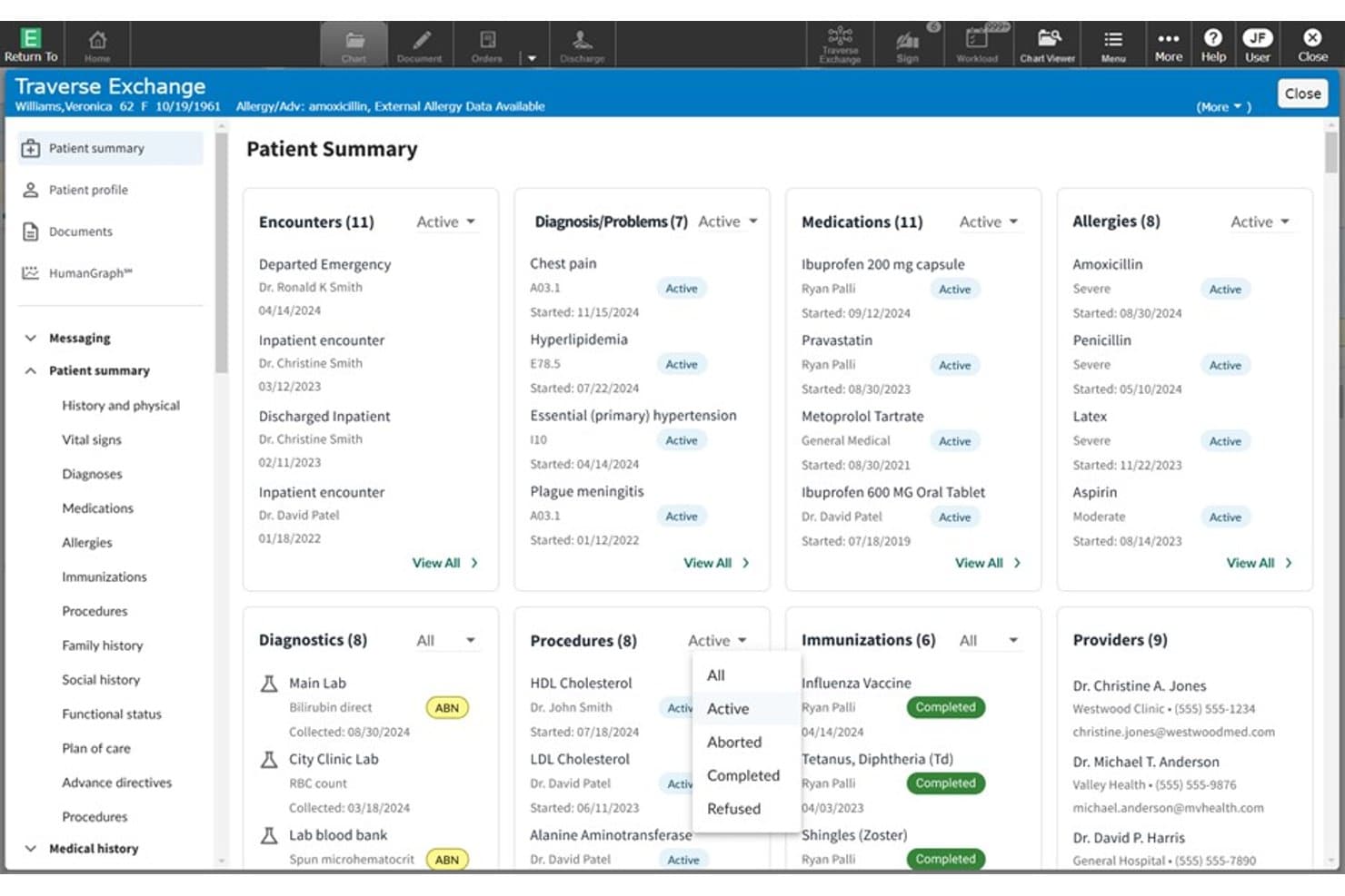 MEDITECH Expanse-kontrolpanel med patientoverblik, der viser kontakter, diagnoser, medicin og allergier.