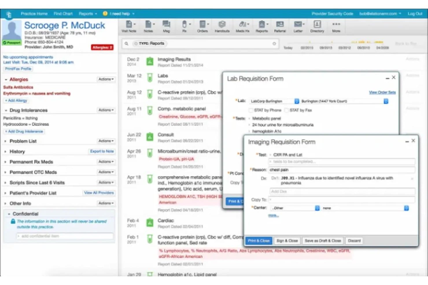 Elation Health EHR showing lab and imaging requisition forms over patient chart.