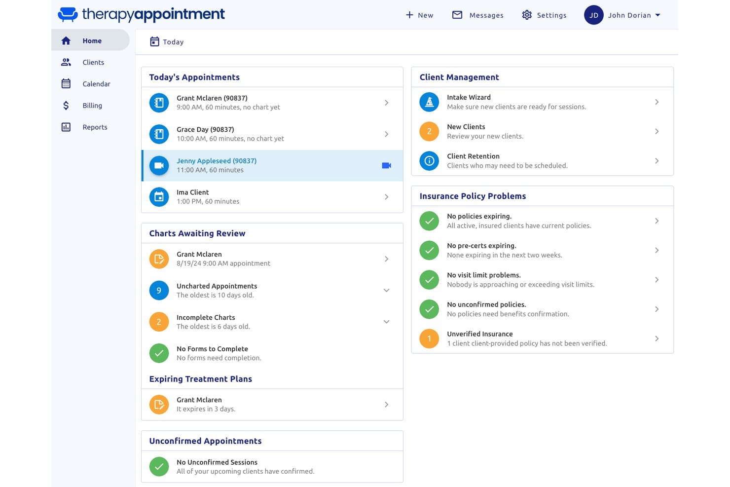 TherapyAppointment dashboard showing appointments, charts, and insurance policy status.