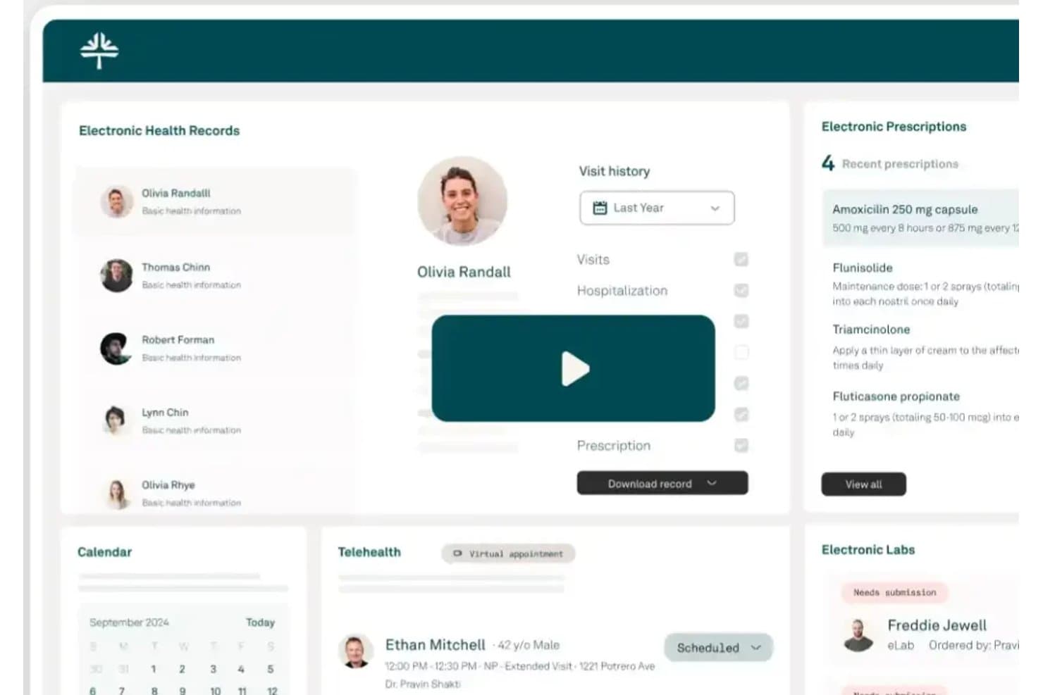 Kareo Clinical dashboard showing EHR records, prescriptions, calendar, and telehealth.