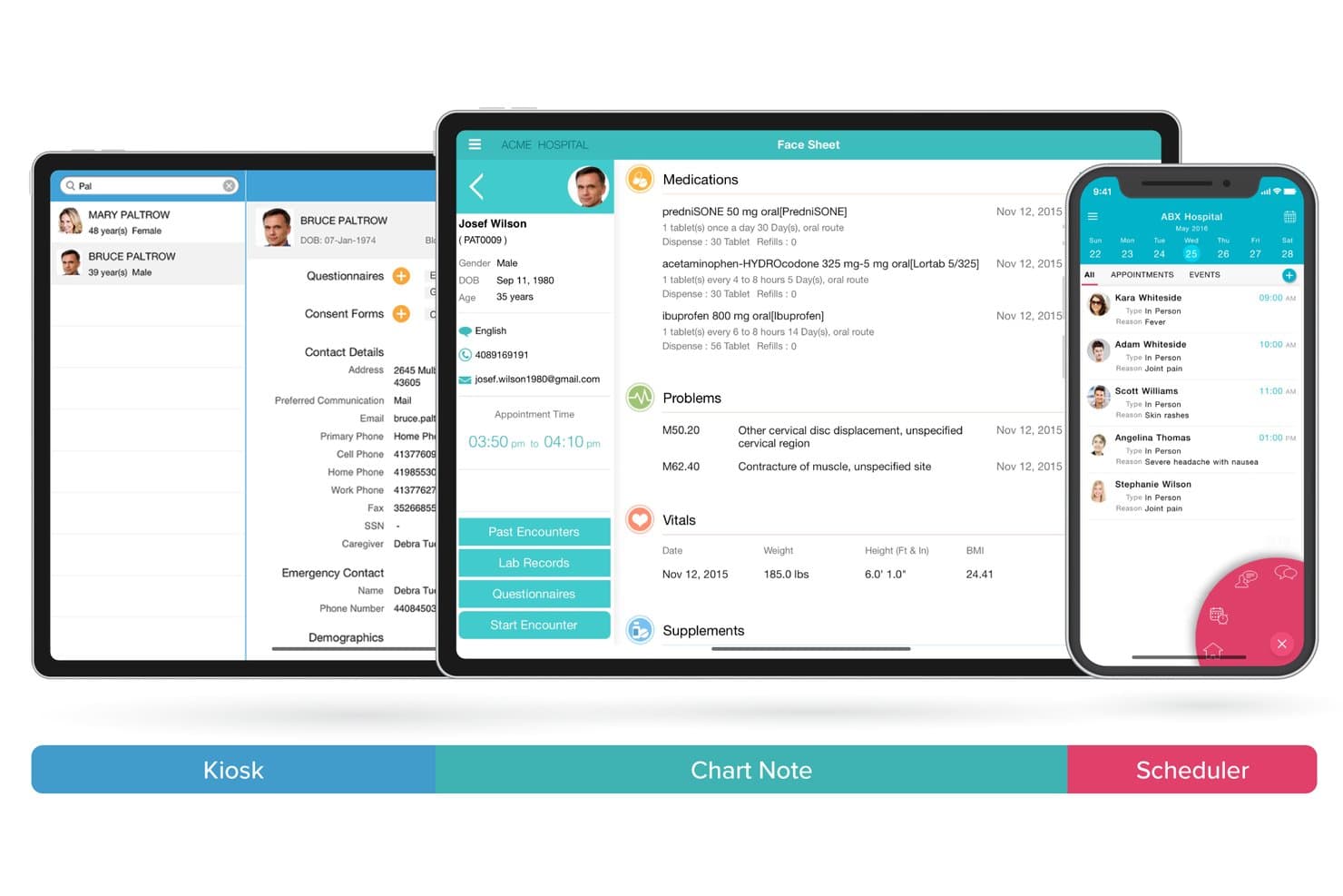 CharmHealth app screens showing kiosk, patient chart, and scheduler on tablet and phone.