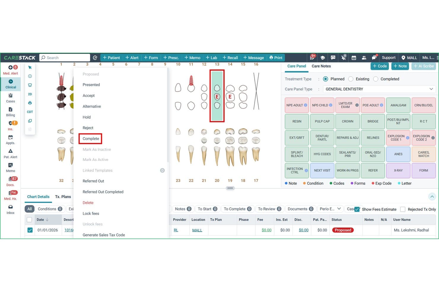 CareStack dental chart with treatment status dropdown menu showing Complete option highlighted.
