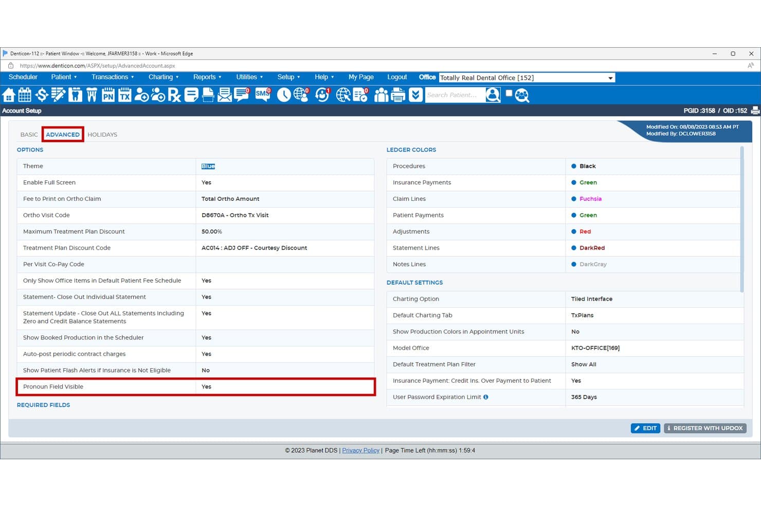 Denticon Advanced Account Setup screen showing options and ledger color settings.