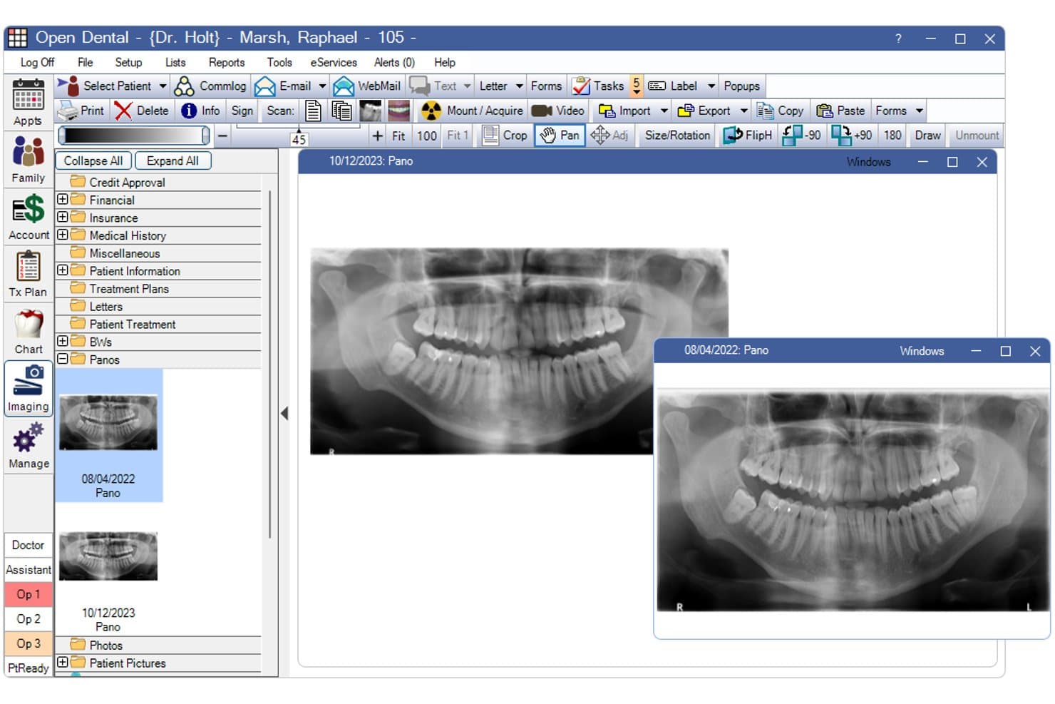 Open Dental imaging module showing two panoramic dental X-rays displayed side by side.
