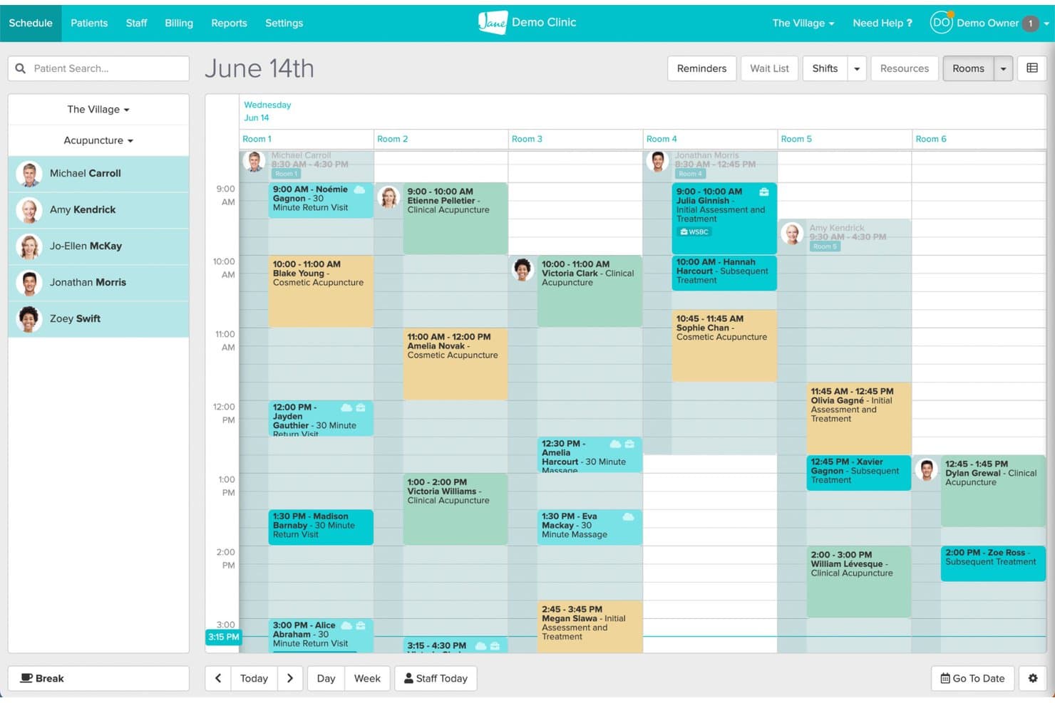 Jane EMR scheduling calendar showing six rooms with color-coded appointments on June 14th.