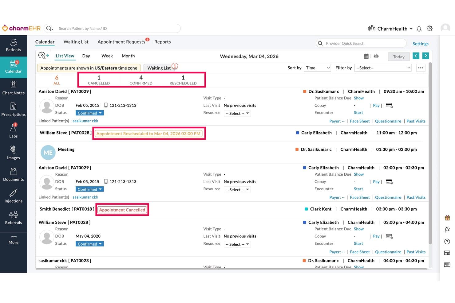 CharmHealth calendar list view showing appointments with confirmed, cancelled, and rescheduled statuses.