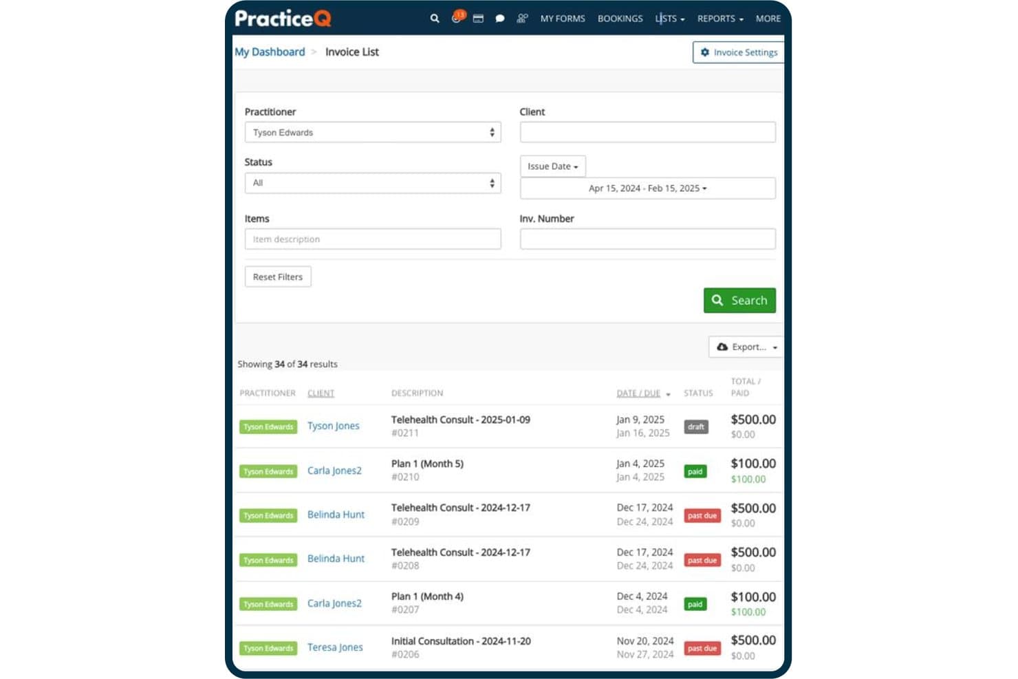 PracticeQ invoice list showing client names, statuses, and payment totals.