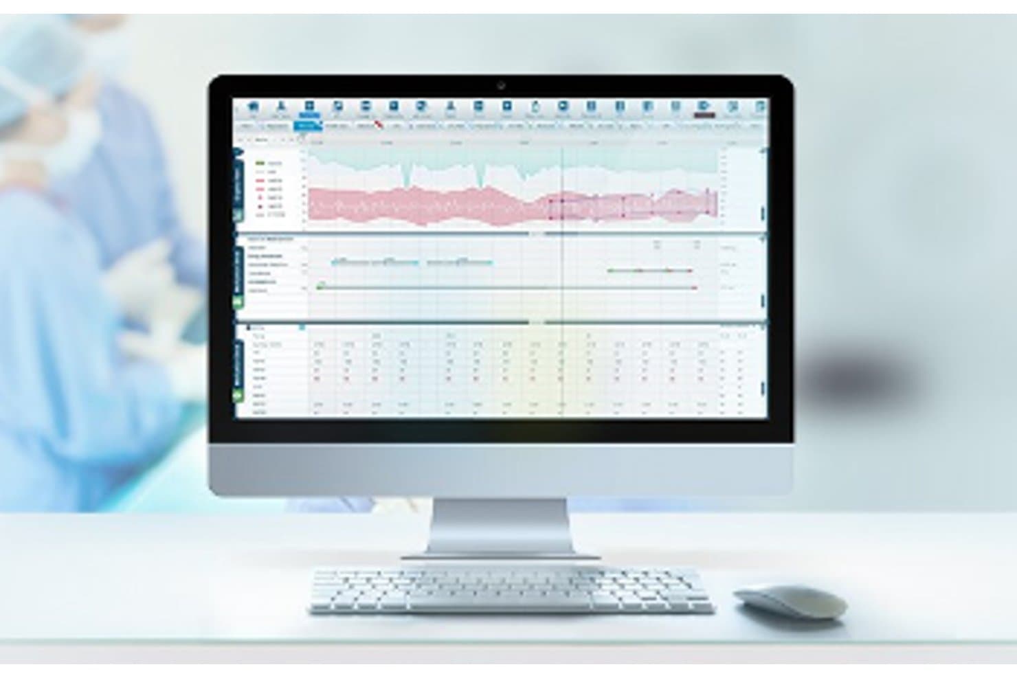 Bildskärm som visar en klinisk instrumentpanel med vågformskurvor och datatabeller.