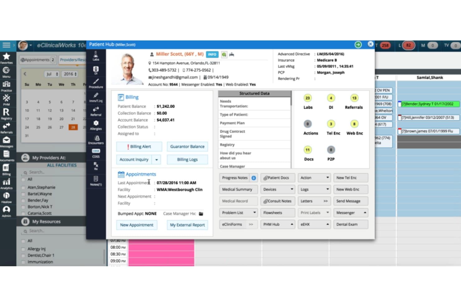 eClinicalWorks patientportal som visar fakturering, tidsbokningar och en panel med strukturerade data.