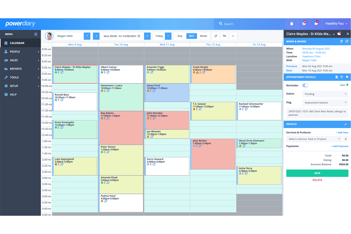 PowerDiary-kalender met afspraken en cliëntgegevens