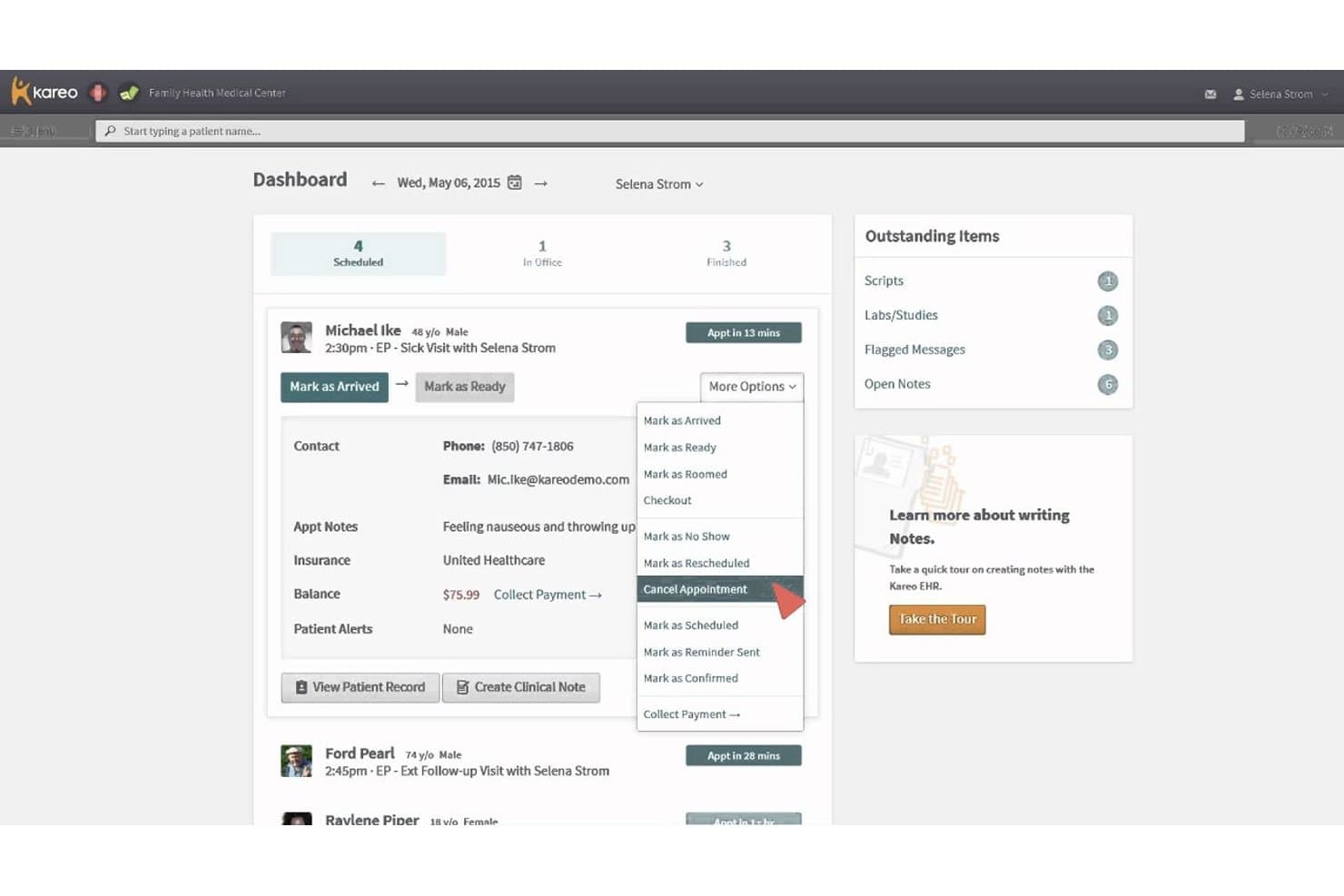 Kareo Clinical EHR-dashboard met een vervolgkeuzemenu voor afspraken met opties voor annuleren en status.