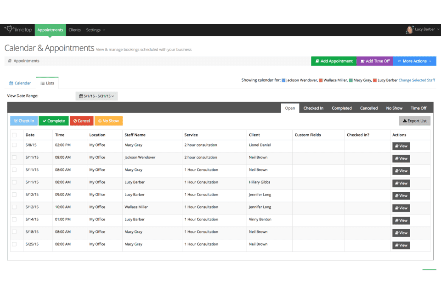Das Kalender- und Terminübersichts-Dashboard von TimeTap zeigt geplante Buchungen, Mitarbeitereinteilungen, Kundendetails, Dienstleistungsarten und Terminstatus an.