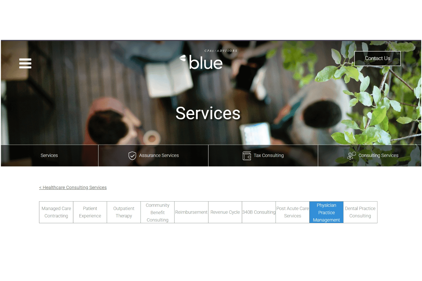 Blue & Co. covers tax, valuations, contracting, and physician practice advisory.