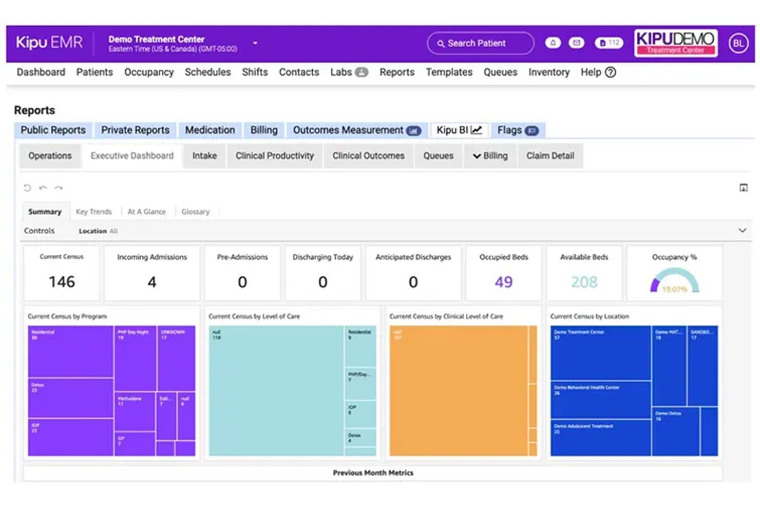 Kipu EMR executive dashboard showing census, admissions, and occupancy metrics.