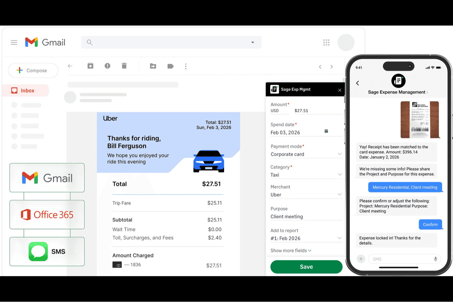 Sage Expense Management-grænseflade, der viser automatisk registrering af Gmail-kvitteringer og en udgiftsformular.