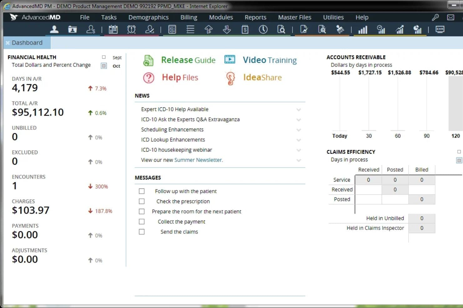 AdvancedMD practice management dashboard displaying financial health metrics, accounts receivable, claims efficiency, news, and task messages.