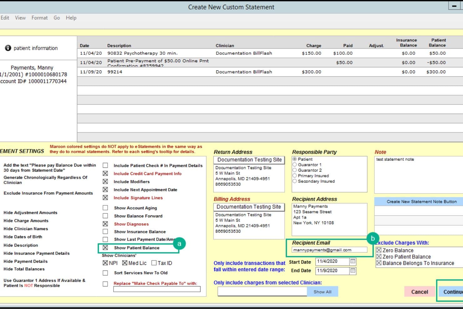 BillFlash-interface met een aangepast rekeningoverzicht voor een patiënt met kosten, saldi, retouradres, gegevens van de ontvanger en instellingen voor het rekeningoverzicht.