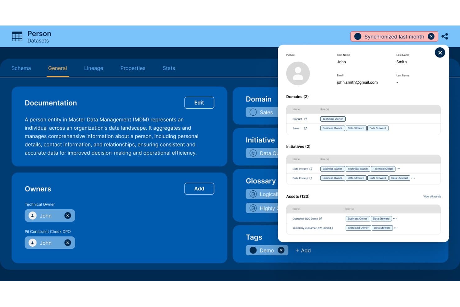 Semarchy xDM person dataset general tab with owner profile popup showing domains and assets