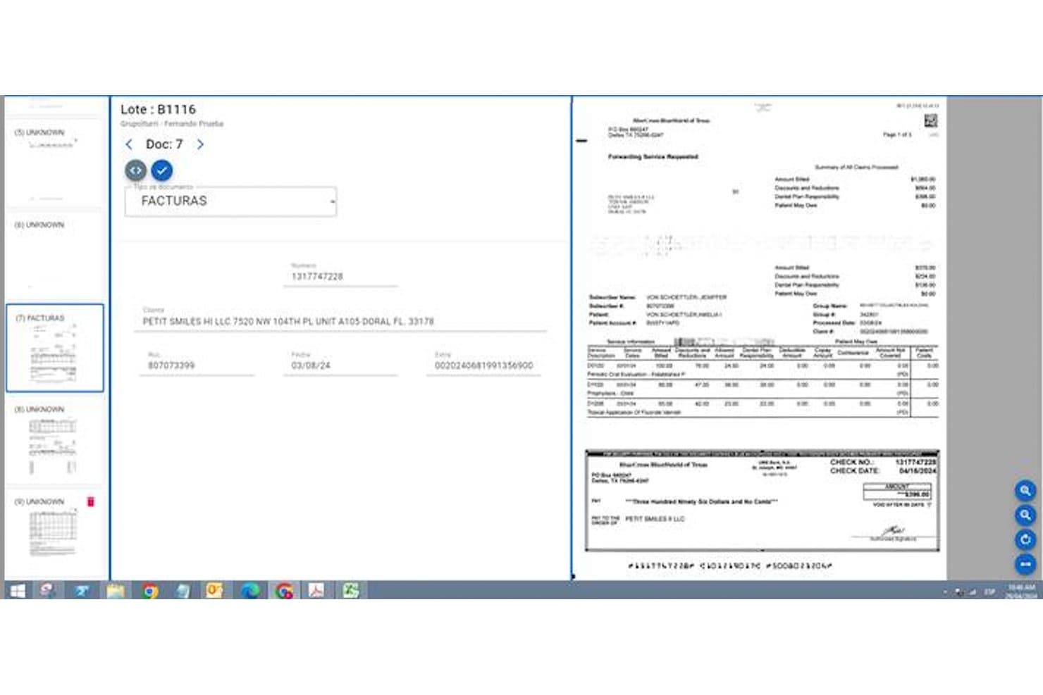 DentalRobot-interface die batchgewijze documentverwerking toont met factuurgegevens en een controle van de verzekerings-EOB.