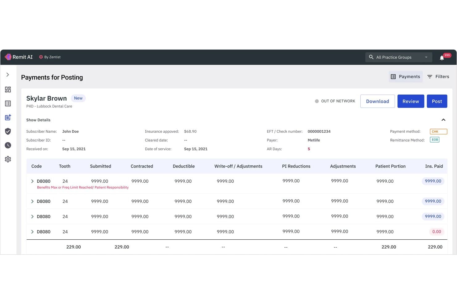 Zentist Payments for Posting screen showing dental remittance details, procedure codes, and insurance payment columns.