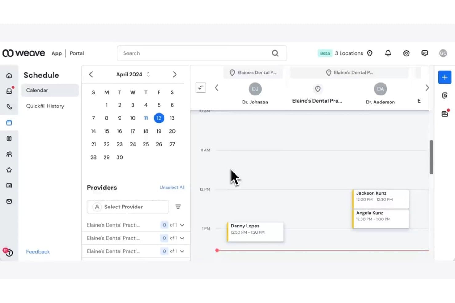 Weave dental scheduling calendar showing April 2024 appointments across multiple providers and locations.