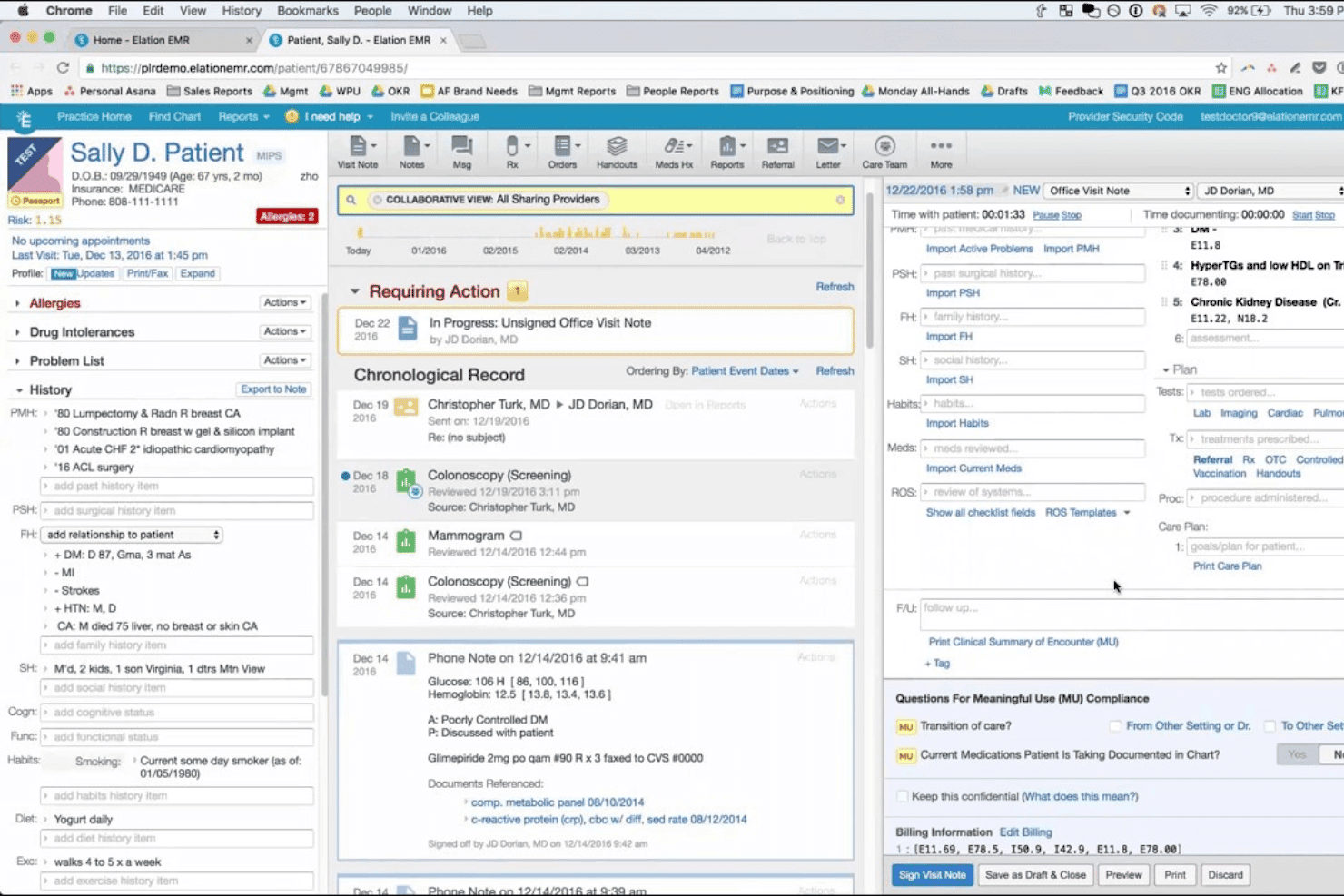 Elation Health EHR interface displaying a patient profile, chronological medical records, visit notes, prescriptions, orders, and care plan details.