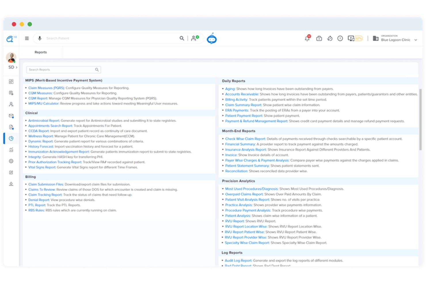 CareCloud-software voor praktijkbeheer met een rapportagedashboard met meerdere rapportcategorieën en koppelingen.