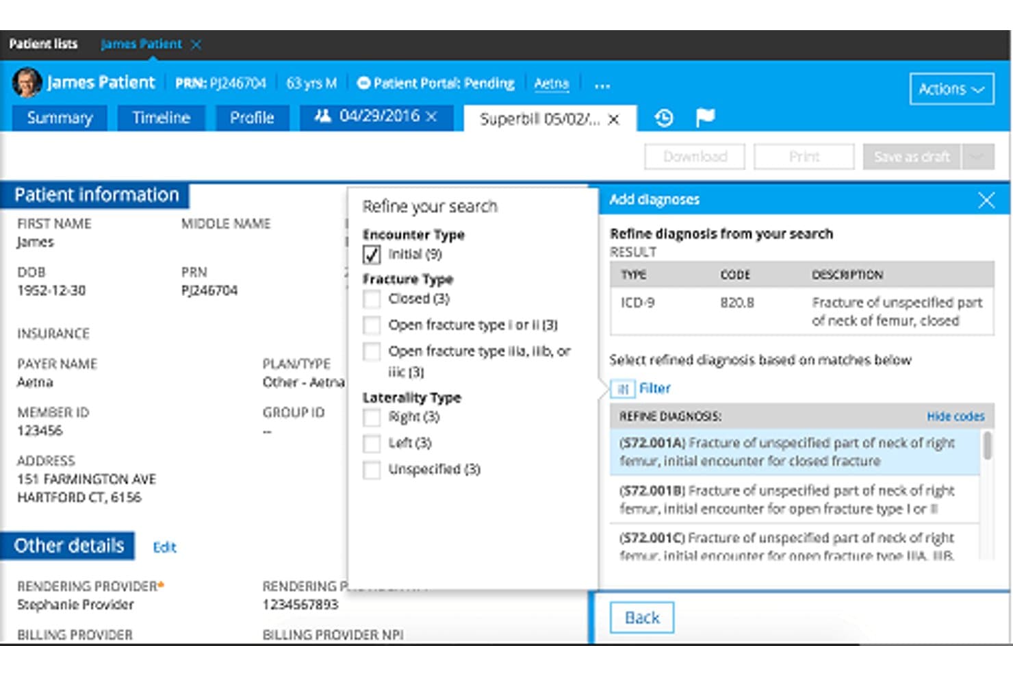 Scherm voor medische facturen van Practice Fusion met een paneel voor het zoeken naar diagnoses, ICD-9-codes voor facturering en patiëntgegevens.