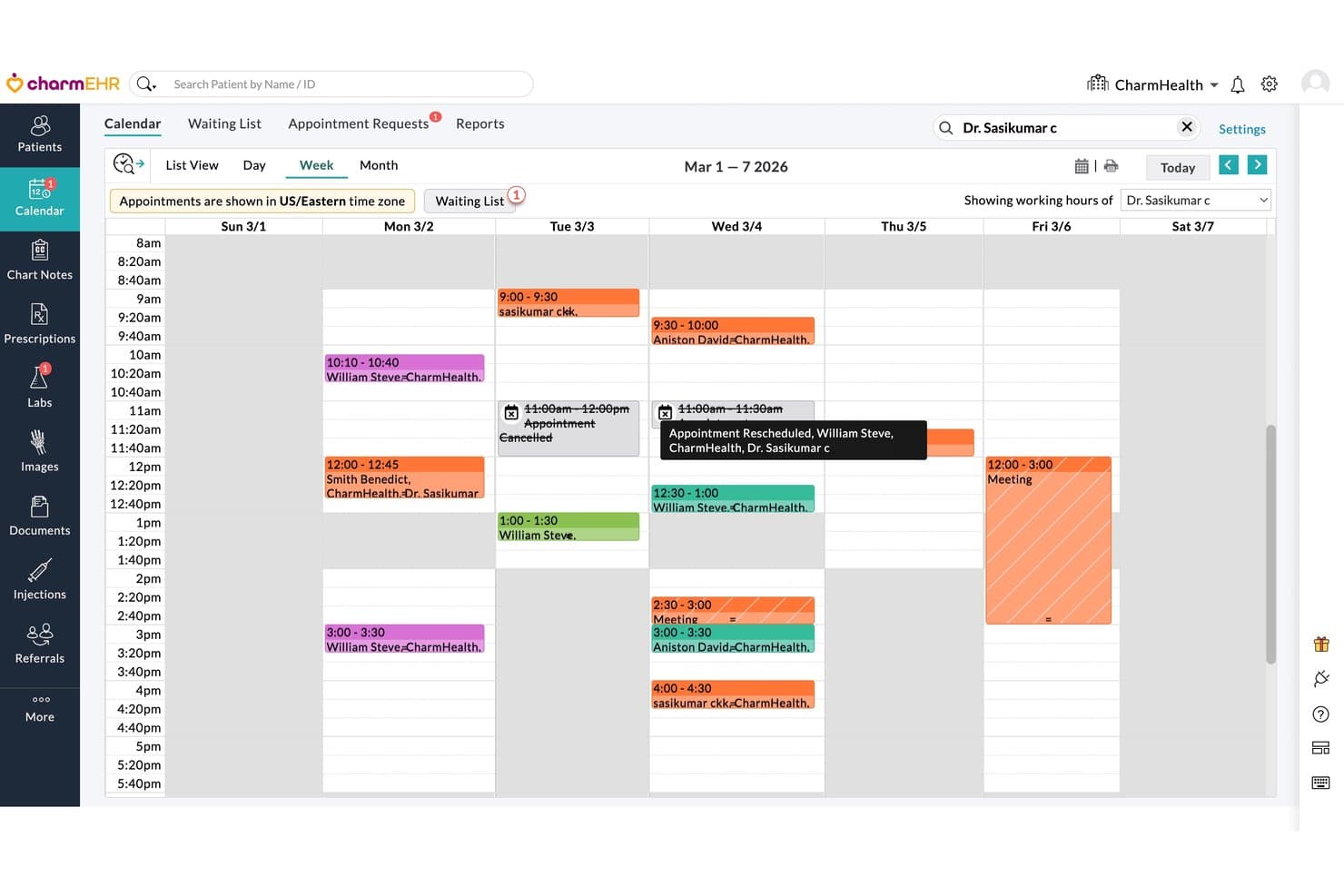 Vue du calendrier hebdomadaire de CharmHealth montrant les rendez-vous patients codés par couleur pour le Dr Sasikumar, du 1er au 7 mars 2026.