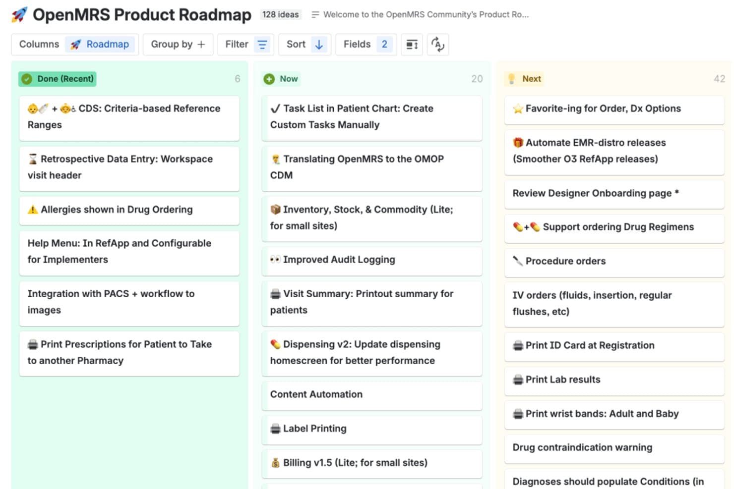 Kanbanbord van de OpenMRS-productroutekaart met de kolommen Voltooid, Nu en Volgende en functiekaarten.
