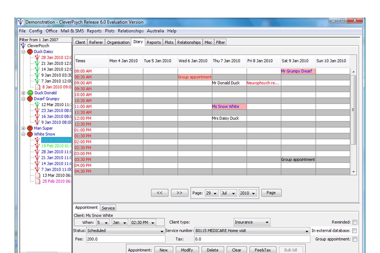 Agendascherm van CleverPsych met een wekelijkse afsprakenkalender en velden voor patiëntplanning en facturering.