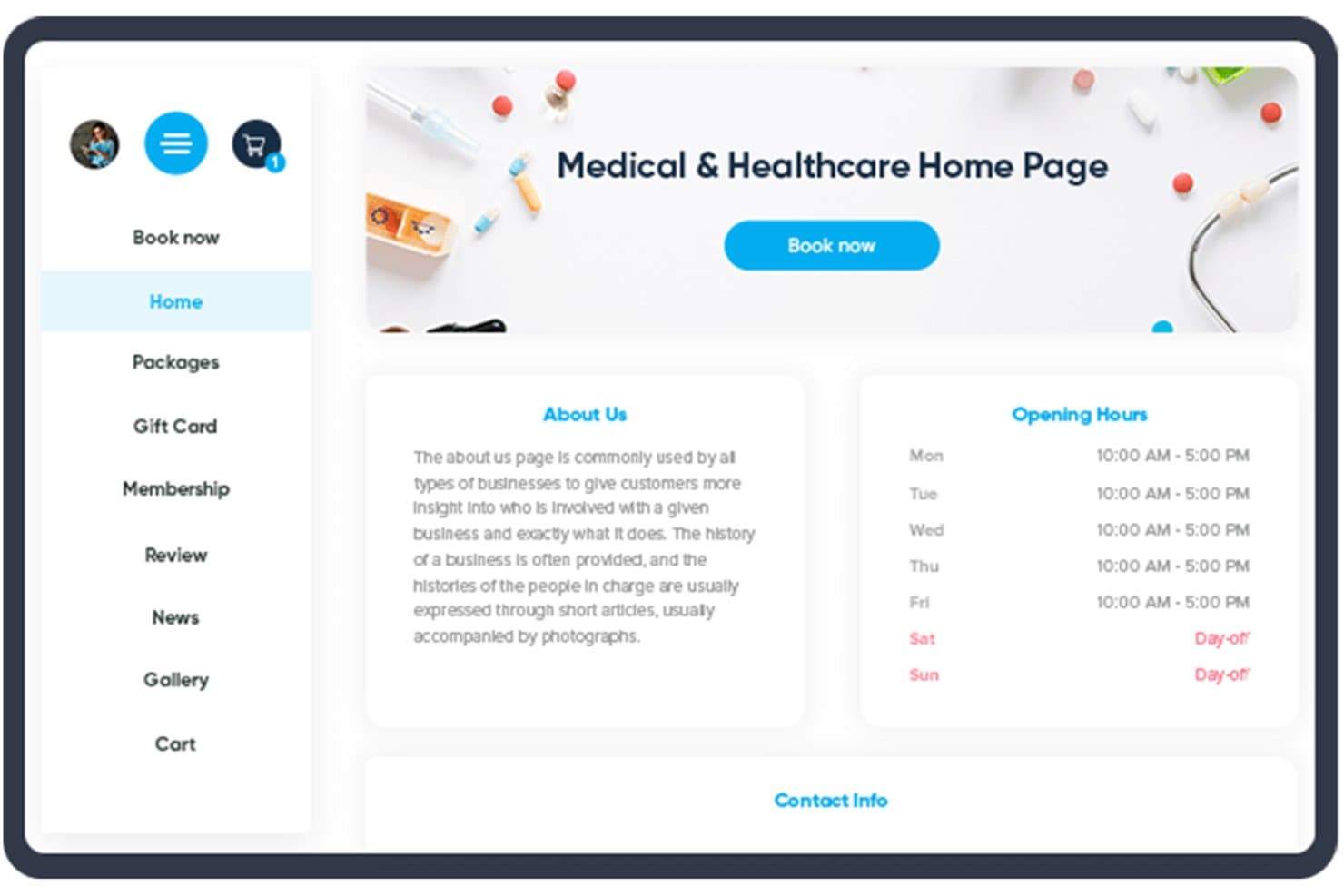 Software voor praktijkbeheer in de medische sector van SimplyBook.me met een boekingspagina, openingstijden en navigatiemenu.